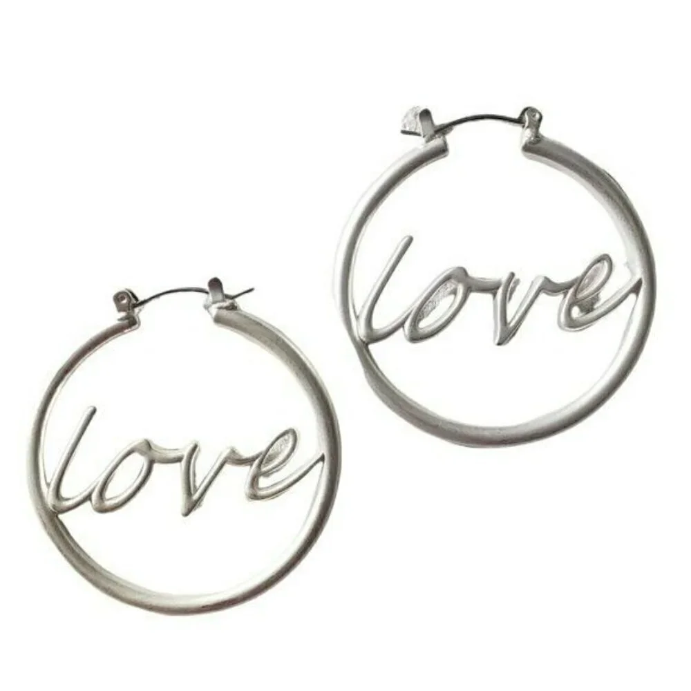 Womens Matte Silver LOVE Letter Hoop Circle Latch Earrings Casual Party Jewelry - Picture 2 of 4